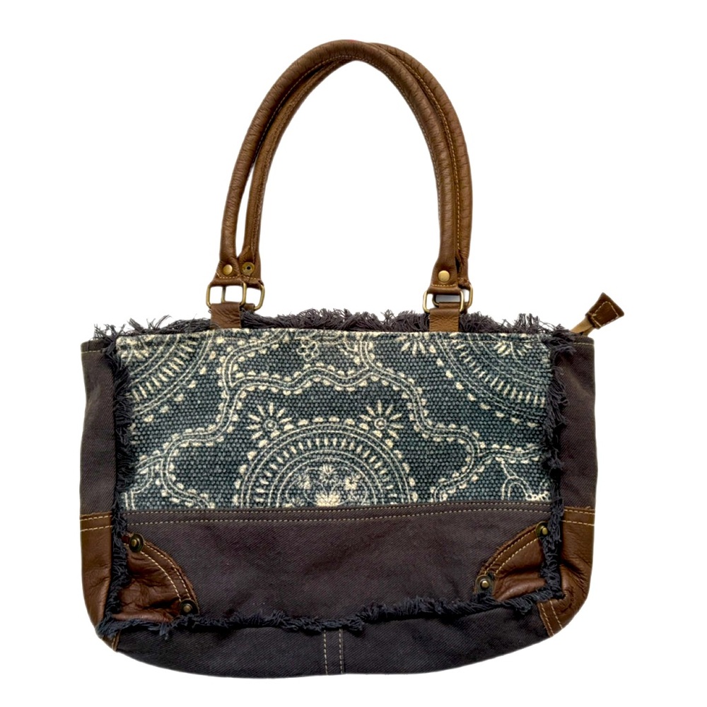 Myra Bag Navy, White & Brown leather Boho Shoulder Bag Tote
